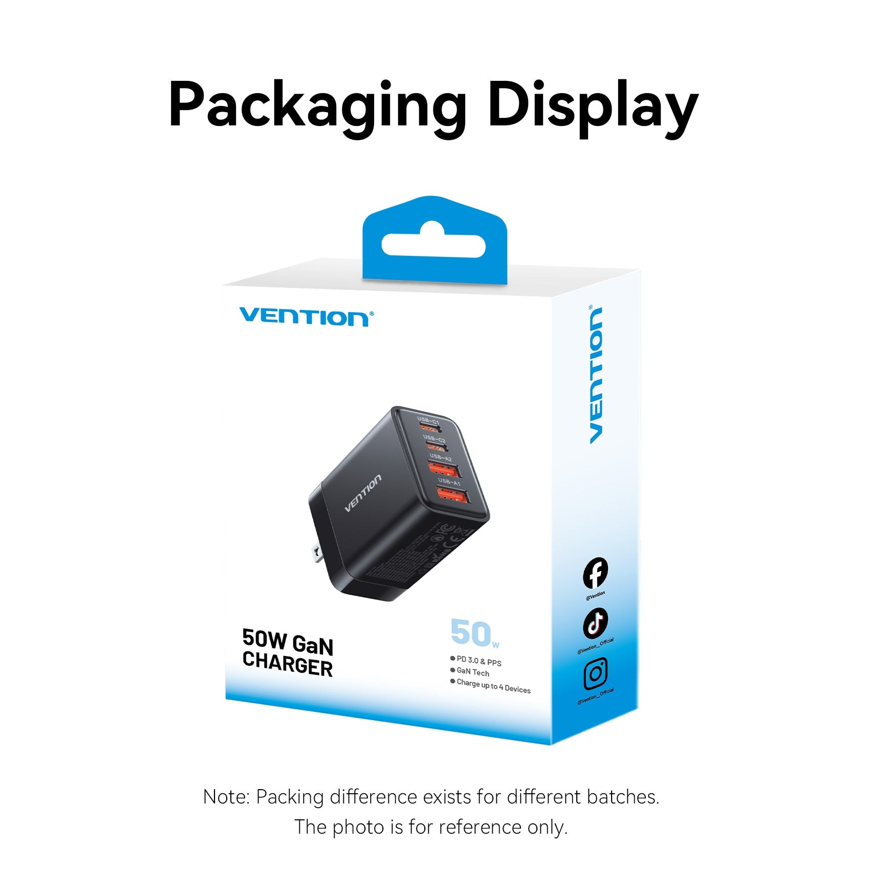 Vention 4-Port USB (C + C + A + A) GaN Charger (30W/20W/18W/18W) US Plug