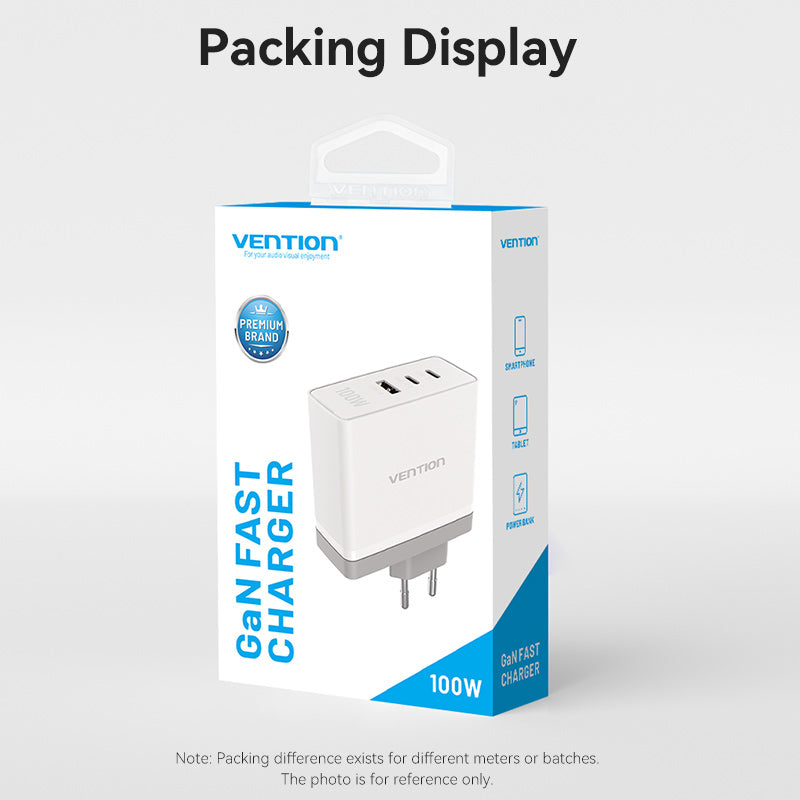 Vention 3-Port USB (C+C+A) GaN Charger (100W/100W/30W) EU-Plug