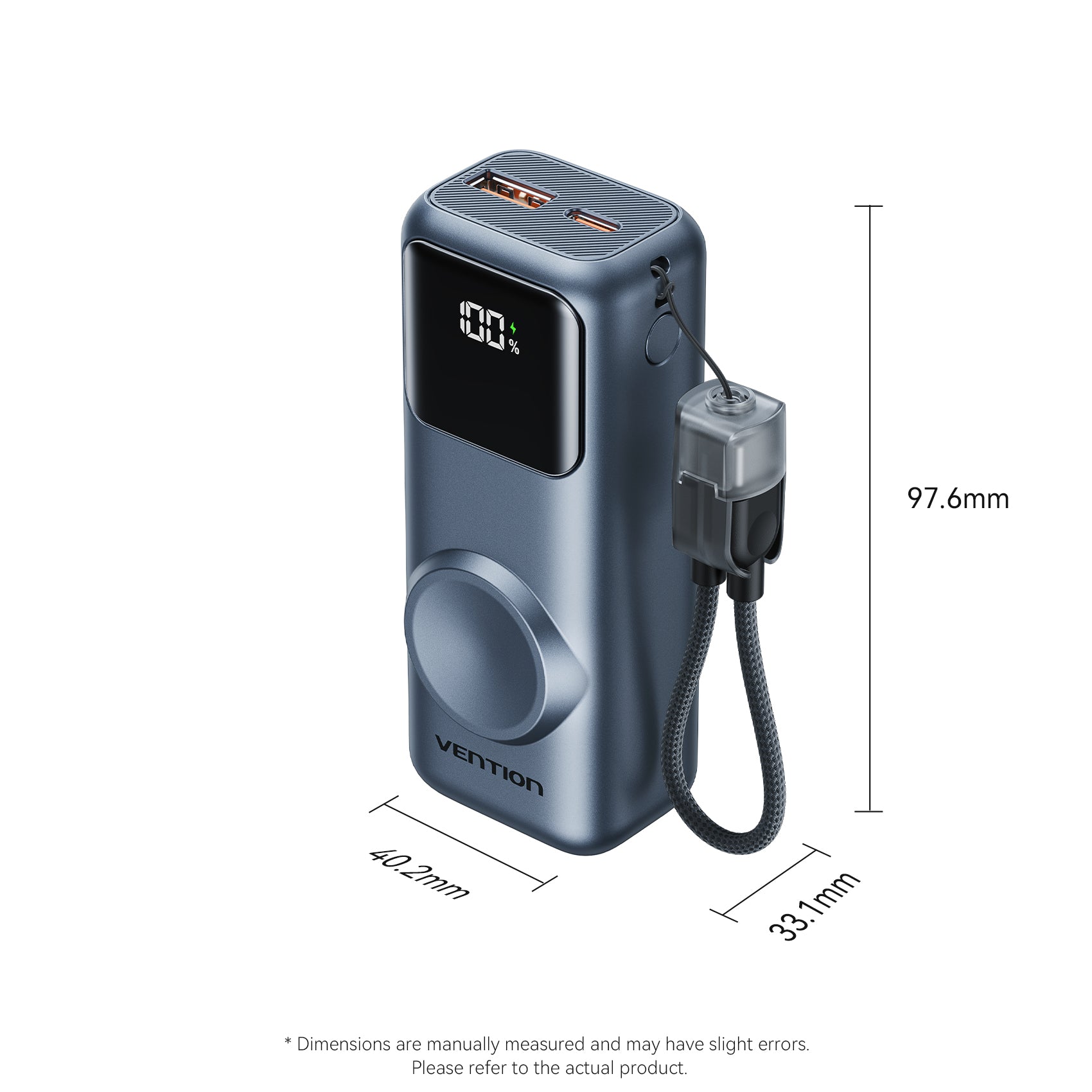 Vention Mini 10000mAh Power Bank (USB-C + USB-A) with Built-in USB-C  Cable and Apple Watch Charging Area 22.5W Gray LED Display Type