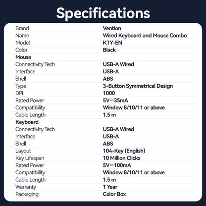 <tc>Vention</tc> Ensemble clavier et souris filaires USB silencieux pleine taille, noir, fin