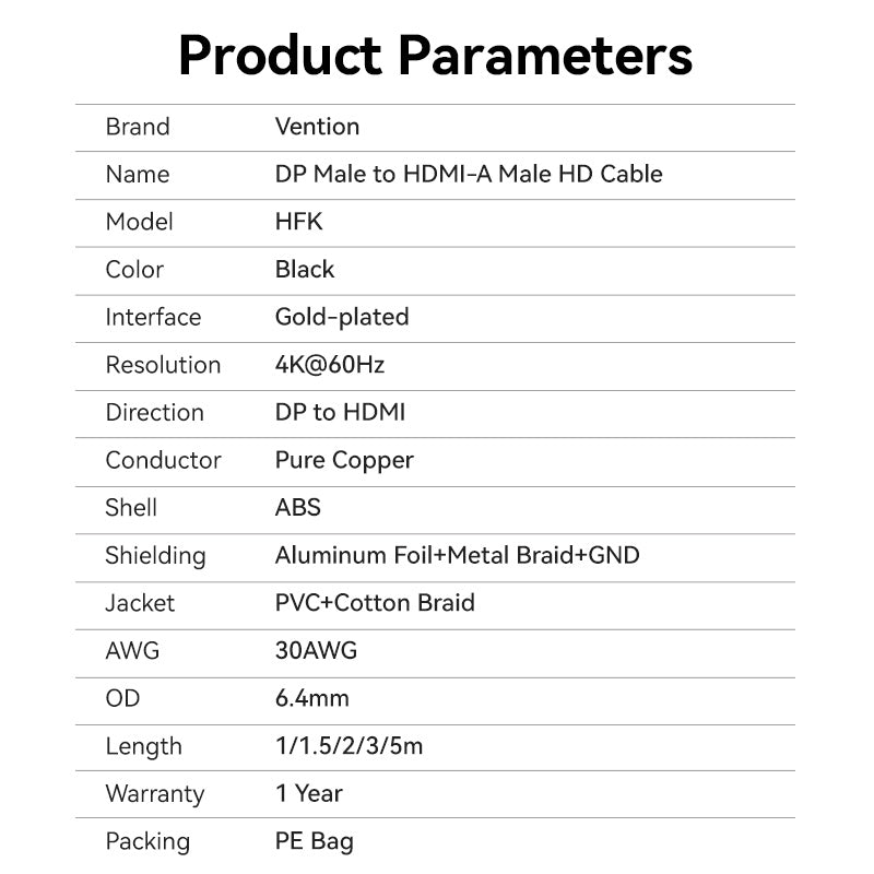 Vention cotton Braided 4K DP Male to HDMI-A Male HD Cable
