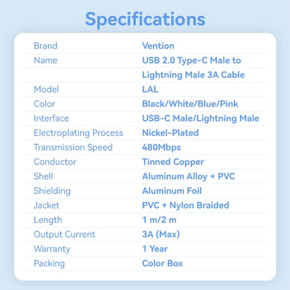 USB 2.0 Type-C Male to Lightning Male 3A Cable