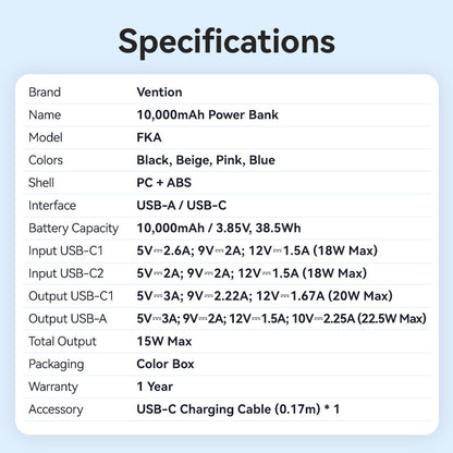 <tc>Vention</tc> Batería externa de 10000 mAh y 22,5 W