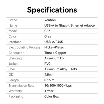 <tc>Vention</tc> Adaptateur USB-A vers Gigabit Ethernet