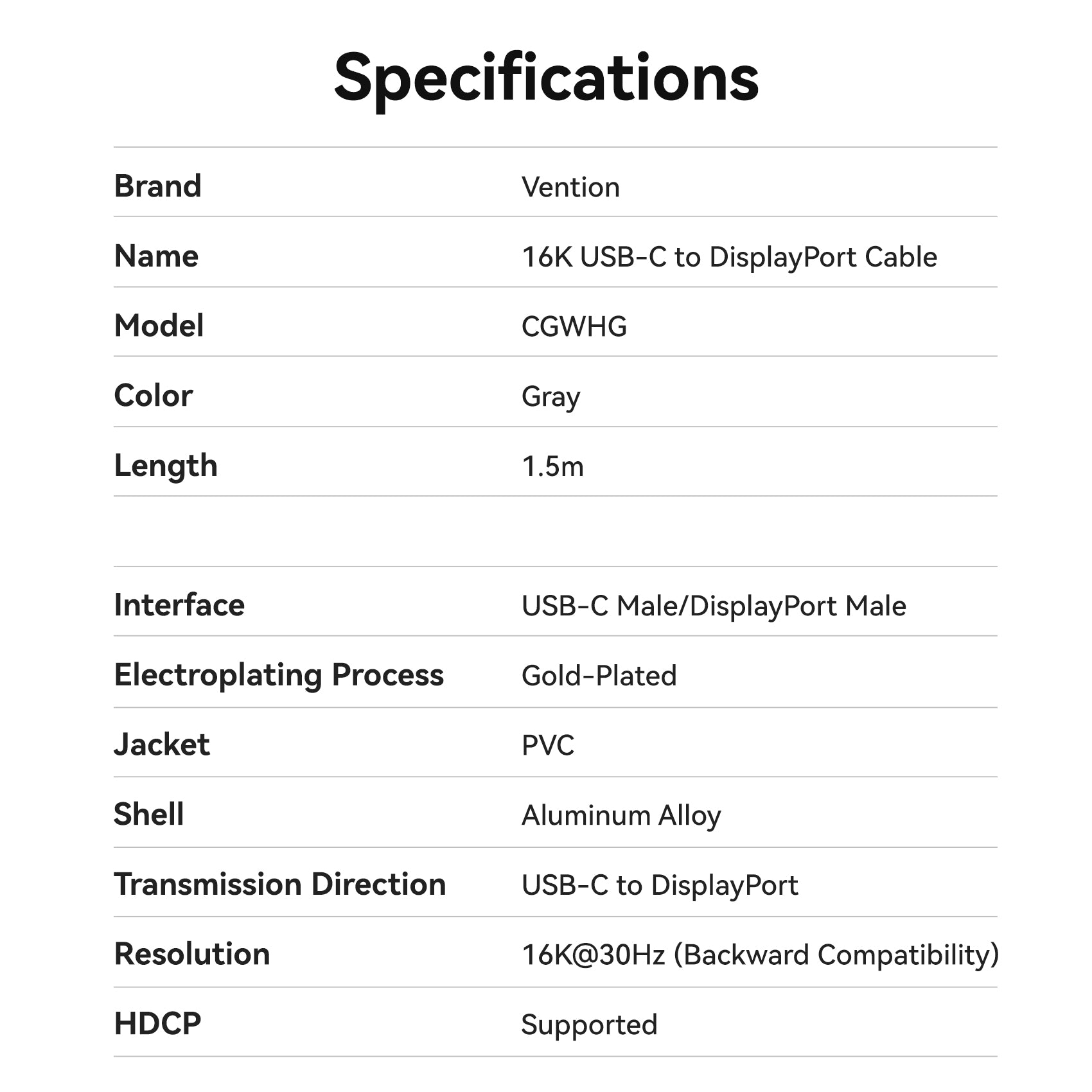 Vention 16K USB-C to DisplayPort Cable