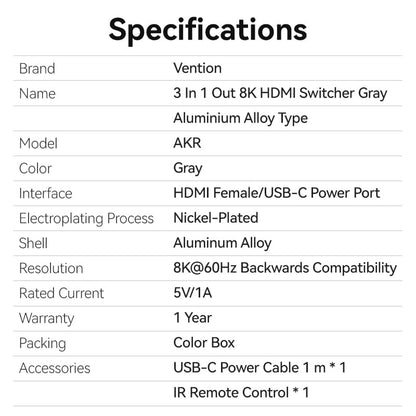 Vention 3 In 1 Out 8K HDMI™ Switcher Gray Aluminium Alloy Type