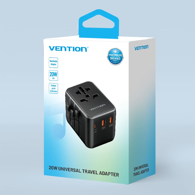 3-Port USB (C + A + A) Universal Travel Adapter (20W/18W/18W) Black