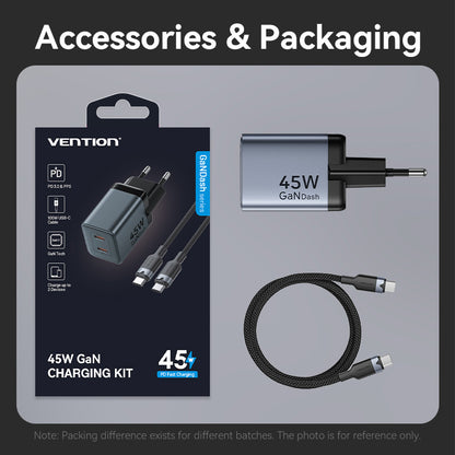 <tc>Vention</tc> 双口 USB (C + C) GaN 充电器 (45W/45W) 灰色，配 USB-C 转 USB-C 数据线 (1 米) 黑色欧标插头