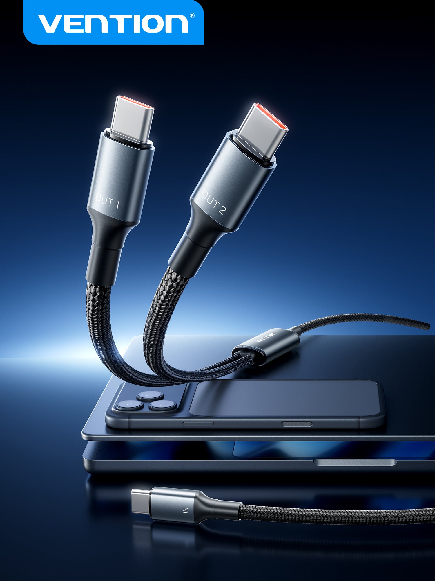 Vention USB 2.0 Type-C Male to 2 Type-C Male 5A Cable Black Aluminum Alloy Type