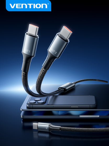 Vention USB 2.0 Tip-C Erkek - 2 Tip-C Erkek 5A Kablo Siyah Alüminyum Alaşımlı Tip