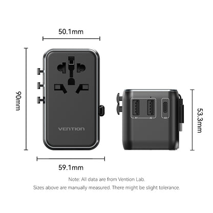 <tc>Vention</tc> 三端口 USB (C + A + A) GaN 通用旅行适配器 (65W/60W/5W)，内置 USB-C 数据线，黑色