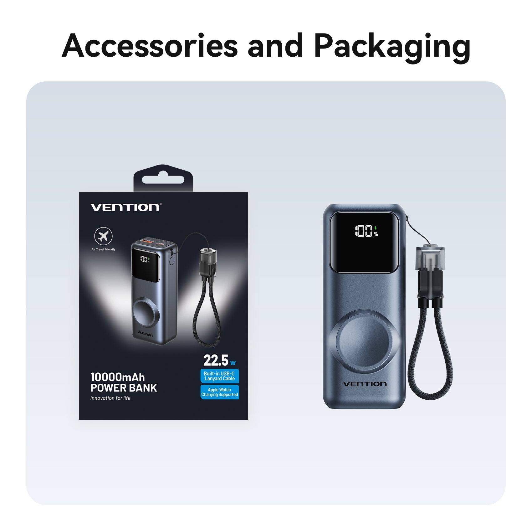 Vention Mini 10000mAh Power Bank (USB-C + USB-A) with Built-in USB-C  Cable and Apple Watch Charging Area 22.5W Gray LED Display Type