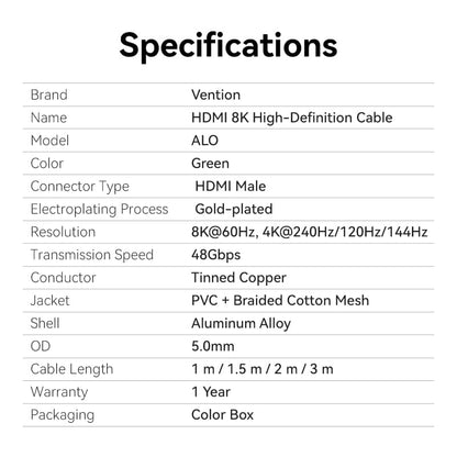 <tc>Vention</tc> Cable HDMI™-A macho a macho HD trenzado de algodón ultrafino 8K de aleación de aluminio verde
