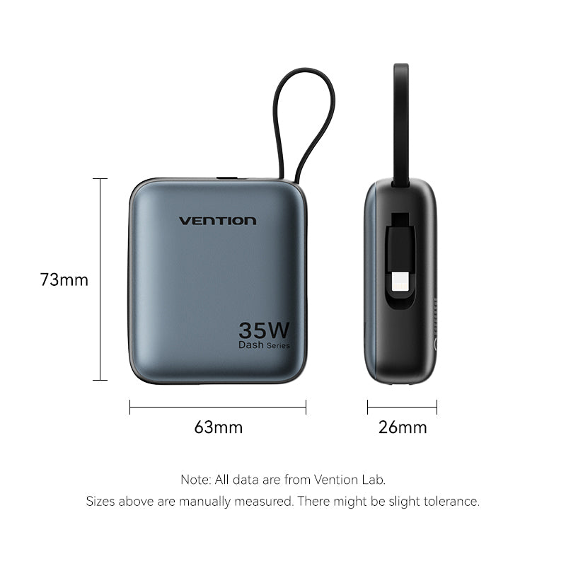 Vention 10000mAh Mini Power Bank (USB-C + USB-C/Lightning) with Built-in USB-C and Lightning Cables 35W Gray