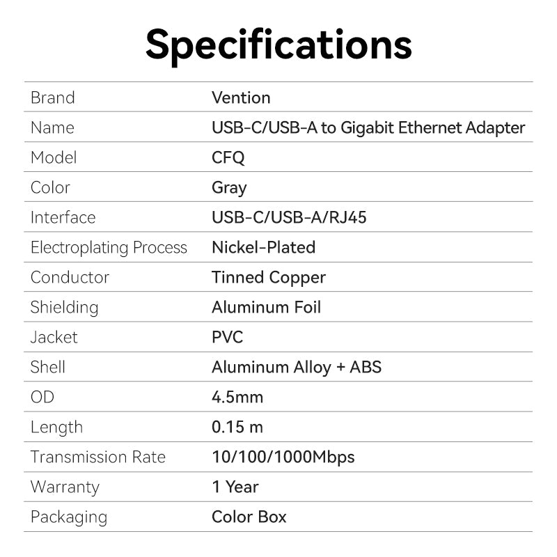 Vention USB-C/USB-A ke Adaptor Ethernet Gigabit