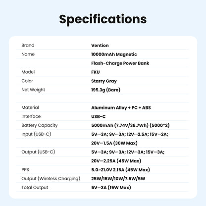 <tc>Vention</tc> Batería externa magnética inalámbrica Qi2.2 de 10000 mAh (USB-C + USB-C/Inalámbrica) de 45 W, color gris.
