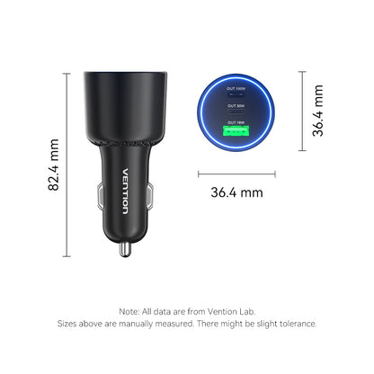 <tc>Vention</tc> Chargeur de voiture à trois ports USB C+C+A (100 W + 30 W + 18 W) en ABS noir
