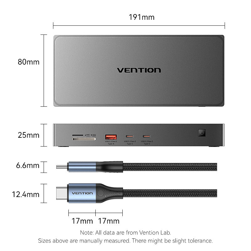 Vention USB-C to (DP+HDMI)/(USB-C+HDMI)/USB 3.2 Gen 2-C*2/USB 3.2 Gen 2-A/RJ45/SD/TF/PD DisplayLink Docking Station Gray Aluminum Alloy Type