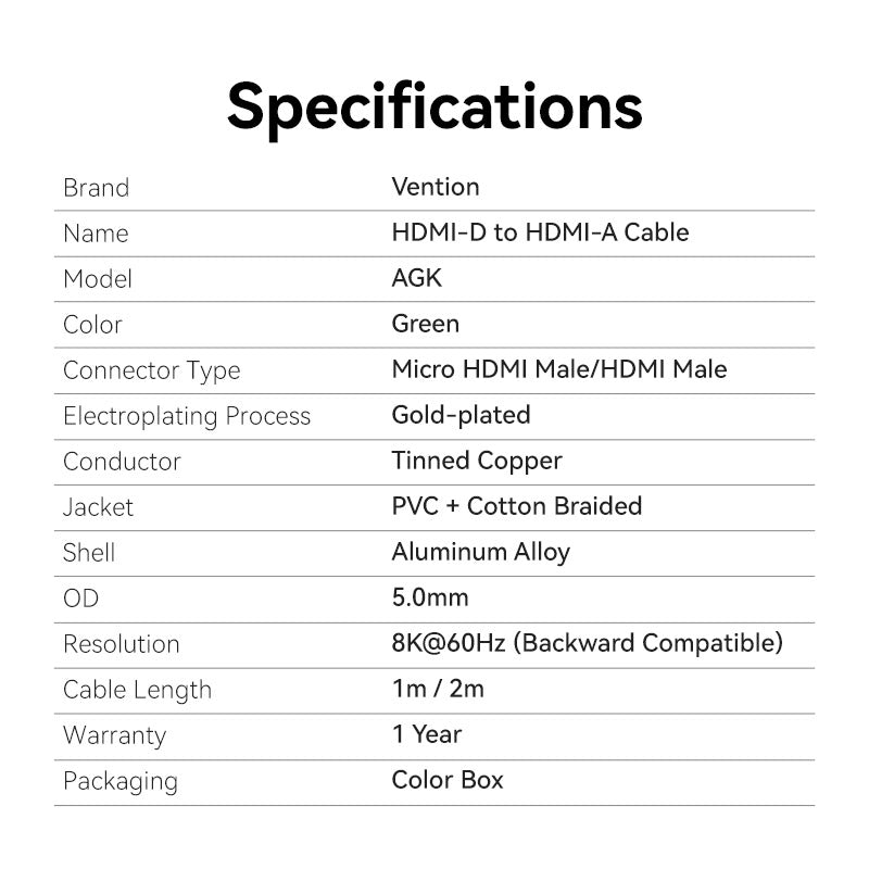 <tc>Vention</tc> Кабель HDMI-D - HDMI-A