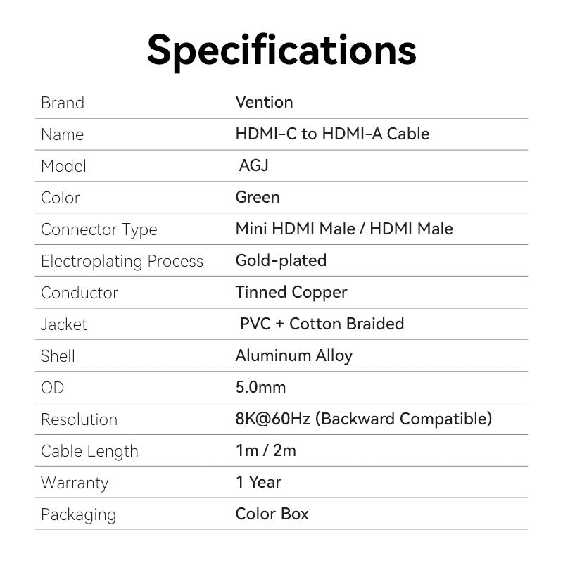 <tc>Vention</tc> HDMI-C 转 HDMI-A 线缆