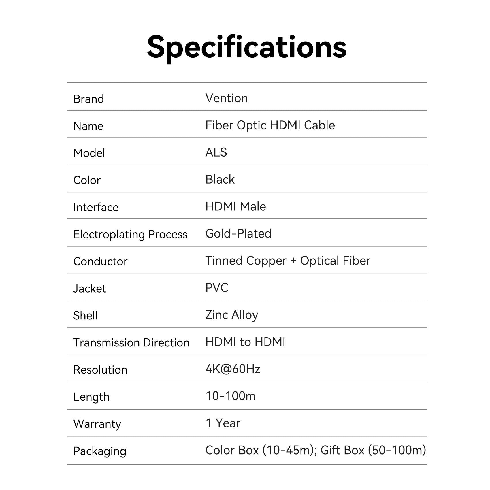 Vention 4K Fiber Optic HDMI™ Male to Male Cable