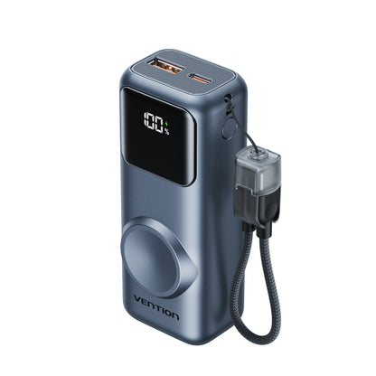Vention Mini 10000mAh Power Bank (USB-C + USB-A) with Built-in USB-C  Cable and Apple Watch Charging Area 22.5W Gray LED Display Type
