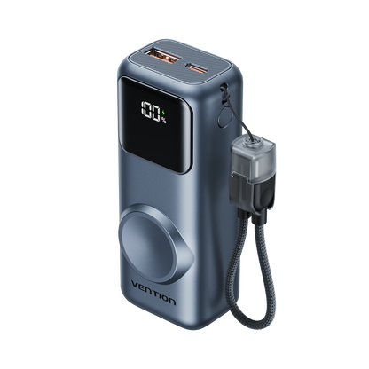 Vention Mini 10000mAh Power Bank (USB-C + USB-A) with Built-in USB-C  Cable and Apple Watch Charging Area 22.5W Gray LED Display Type