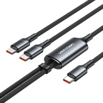 Vention USB 2.0 Tip-C Erkek - 2 Tip-C Erkek 5A Kablo Siyah Alüminyum Alaşımlı Tip