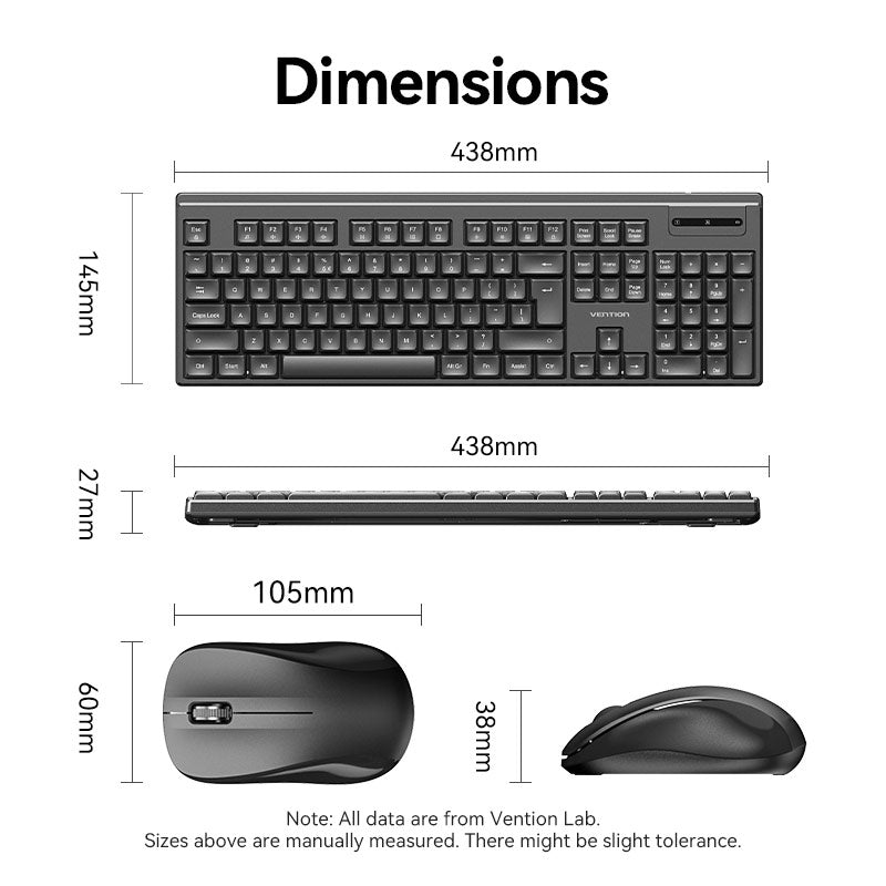 Vention Wireless Full-Sized Silent Keyboard and Mouse Combo Black Slim Type