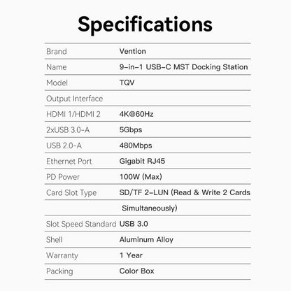 USB-C to HDMI x 2/USB 3.0 x 2/USB 2.0/RJ45/SD/TF/PD MST Docking Station