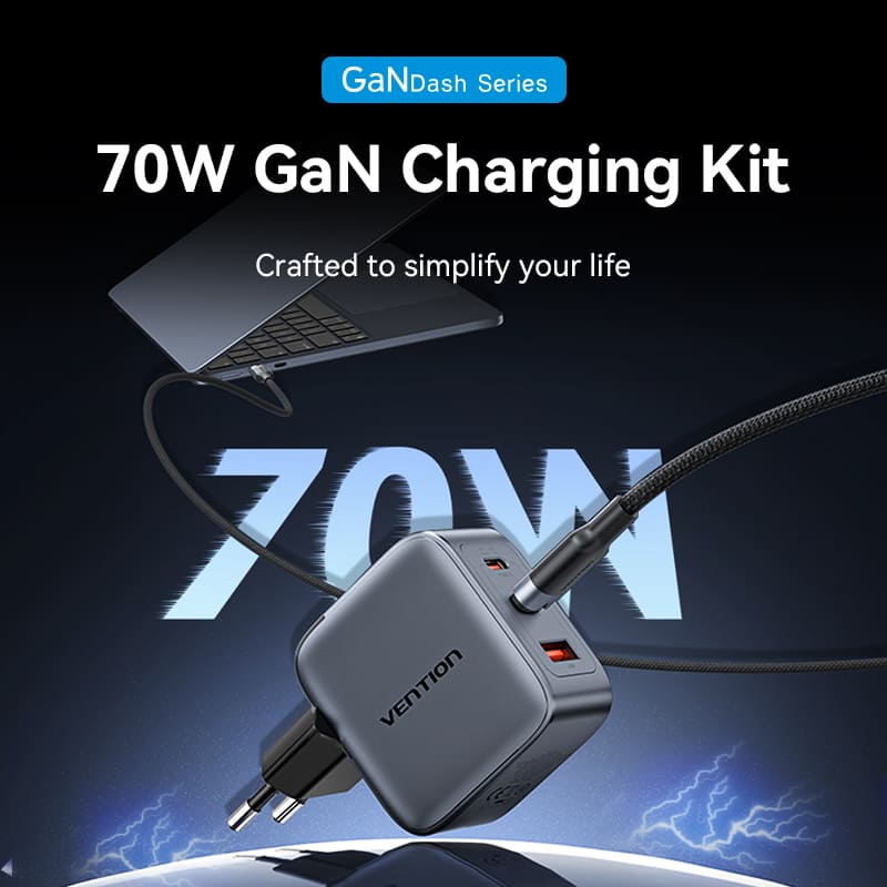 Vention 3-port USB（C+C+A）GAN充电器（70W/70W/22.5W）灰色，USB-C到USB-C电缆（1M）黑色EU-PLUG