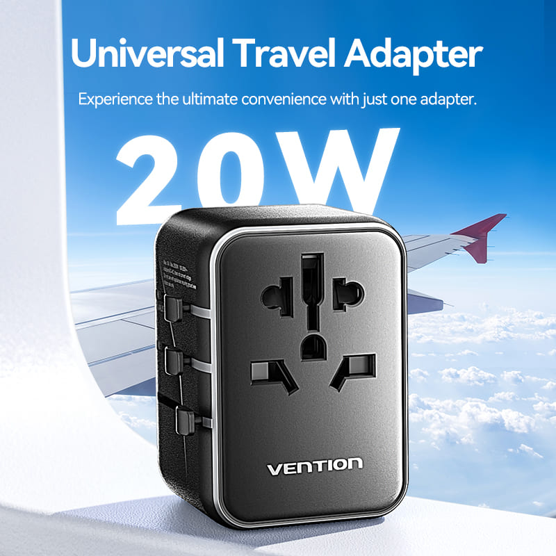 3-Port USB (C + A + A) Universal Travel Adapter (20W/18W/18W) Black