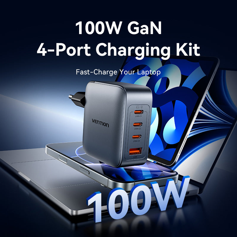 4-Port USB (C + C + A + A) Vention GaN Charger (100W/100W/30W/30W) Gray with USB-C to USB-C Cable (1M) Black EU-Plug