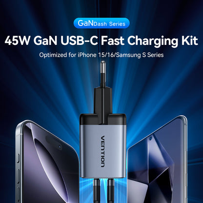 <tc>Vention</tc> 双口 USB (C + C) GaN 充电器 (45W/45W) 灰色，配 USB-C 转 USB-C 数据线 (1 米) 黑色欧标插头