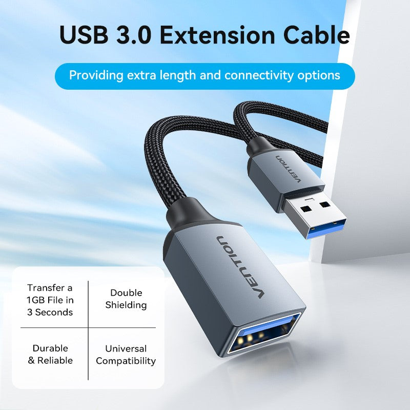 Câble d'extension USB 3.0 Type A mâle à femelle en coton tressé Type alliage d'aluminium gris 1/2/3M