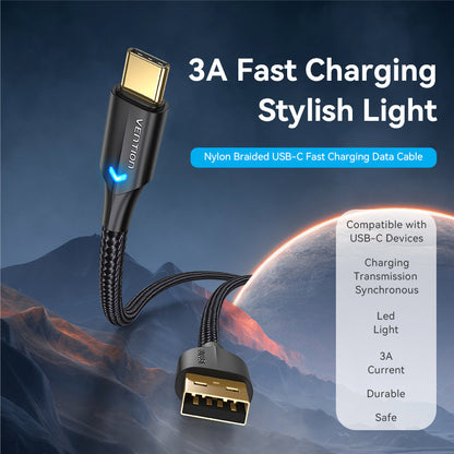 Vention Nylon Braided USB 2.0 A Male to C Male 3A Cable  LED Type