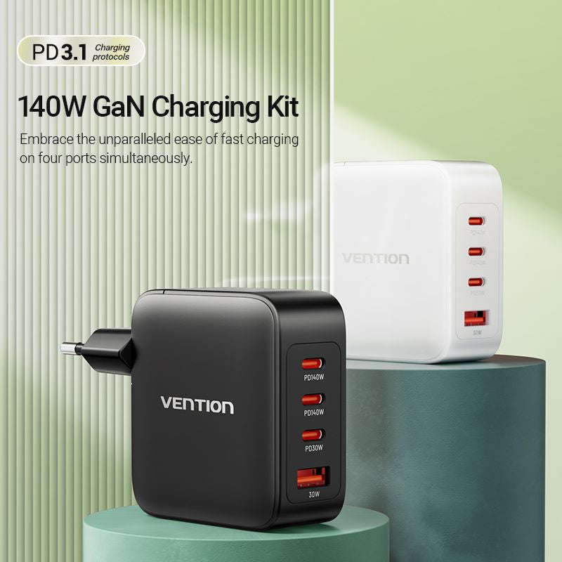 Kit de charge GaN USB (C + C + C + A) à 4 ports (140 W/140 W/30 W/30 W) Prise EU/US/UK Blanc/Noir
