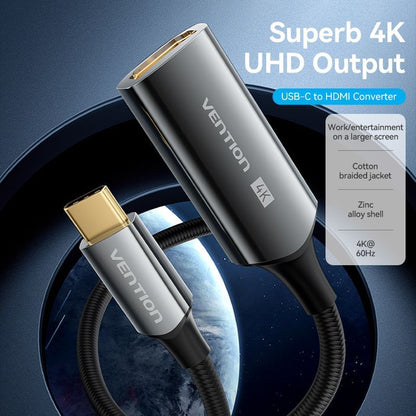 Vention  Cotton Braided USB-C to HDMI™ 4K Converter 0.25M Black Zinc Alloy Type