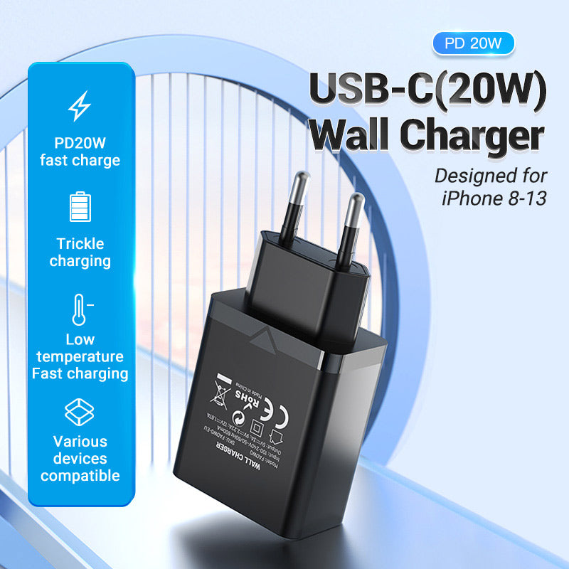 Cargador de pared USB-C de 1 puerto (20 W) Enchufe europeo Negro