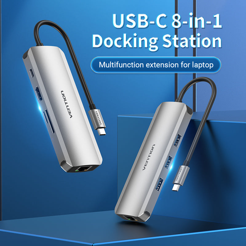 Multi-function USB-C to HDMI/USB3.0x3/RJ45/SD/TF/PD Docking Station 0.15M Gray Aluminum Alloy Type