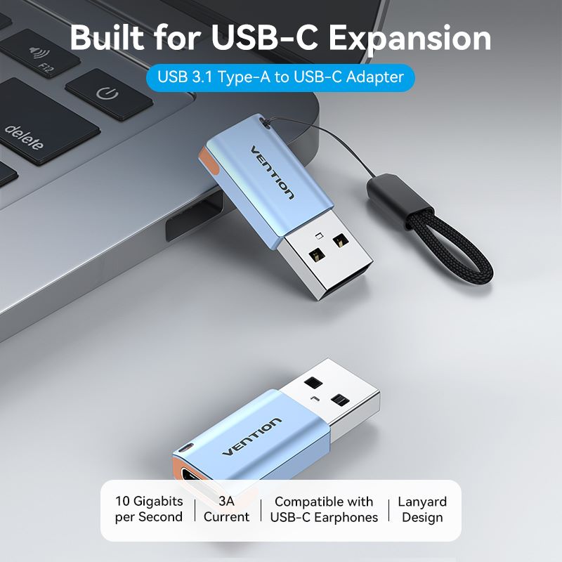 Adaptateur USB 3.1 Type-A mâle vers USB-C femelle avec lanière, Type en alliage d'aluminium gris