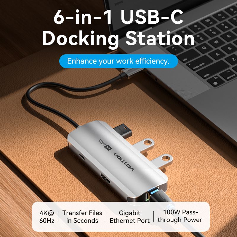 Estación de acoplamiento USB-C a HDMI/USB 3.0 x3/RJ45/PD Tipo de aleación de aluminio gris de 0,15 M