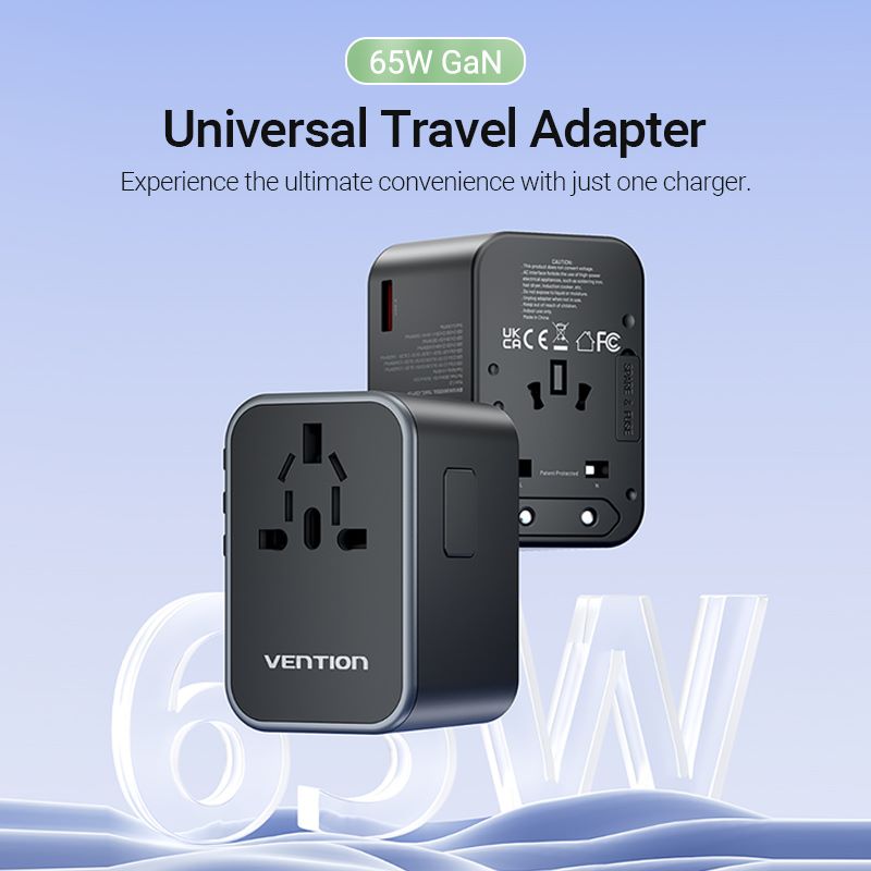 Adaptador de viaje universal GaN de 3 puertos USB (C + C + A) (65W/65W/30W) Negro