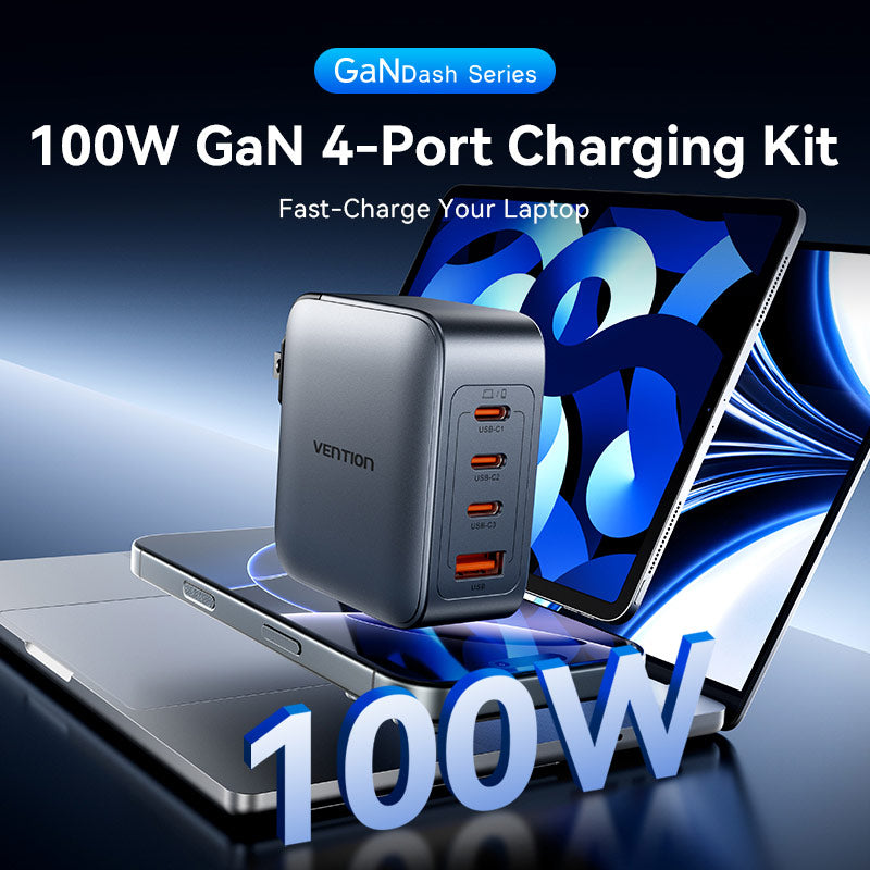 VENTION 4-PORT USB (C + C + C + A) Charger GaN (100W / 100W / 30W / 30W) Gray avec USB-C vers le câble USB-C (1M) Black Us-Plug