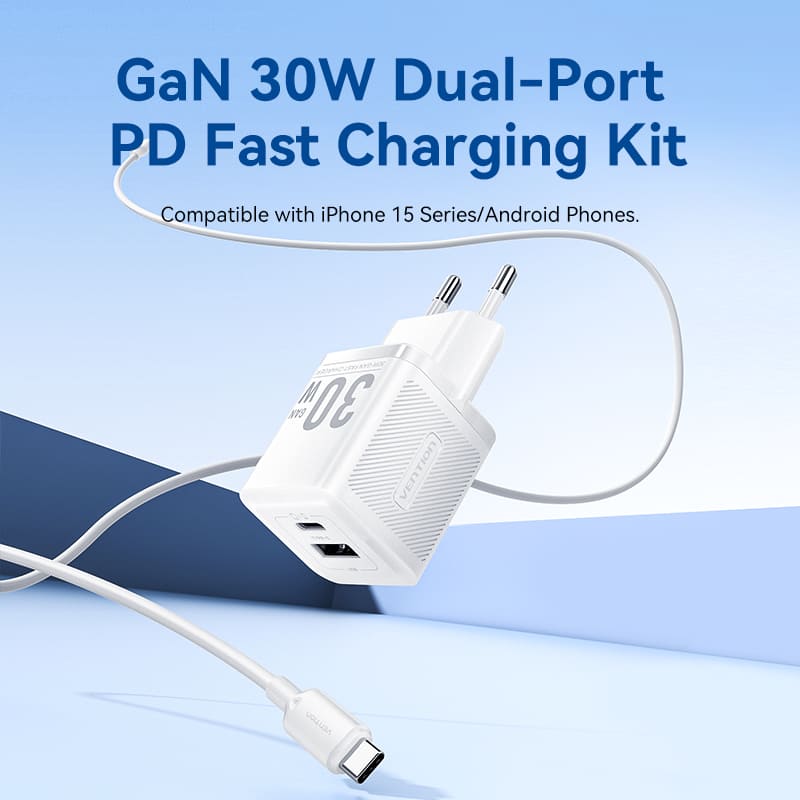 2-Port USB (C + A) GaN Charger (30W/30W) with USB-C to USB-C Cable