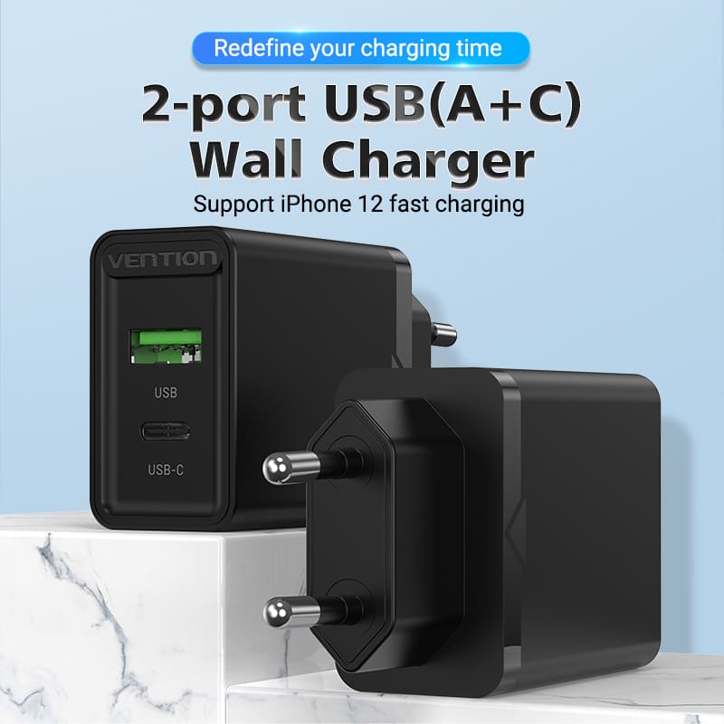 Two-Port  USB(A+C) Wall Charger (18W/20W) EU-Plug Black