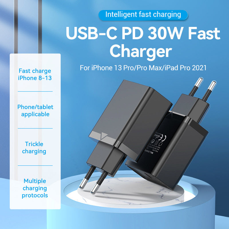 1-port USB-C Wall Charger(30W) EU-Plug Black/White