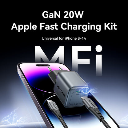 Vention 1 Portlu USB-C GaN Şarj Cihazı (20W) Gri, USB-C - Lightning Kablosu (1M) Siyah AB Fişi ile birlikte