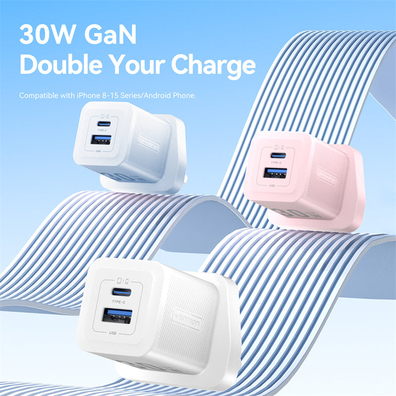 2-Port USB (C + A) GaN Charger (30W/30W) UK-Plug