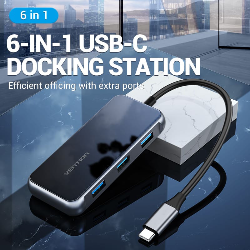 Multi-function USB-C to HDMI/ USB3.0*3/RJ45/PD Docking Station 0.15M Gray Mirrored Surface Type